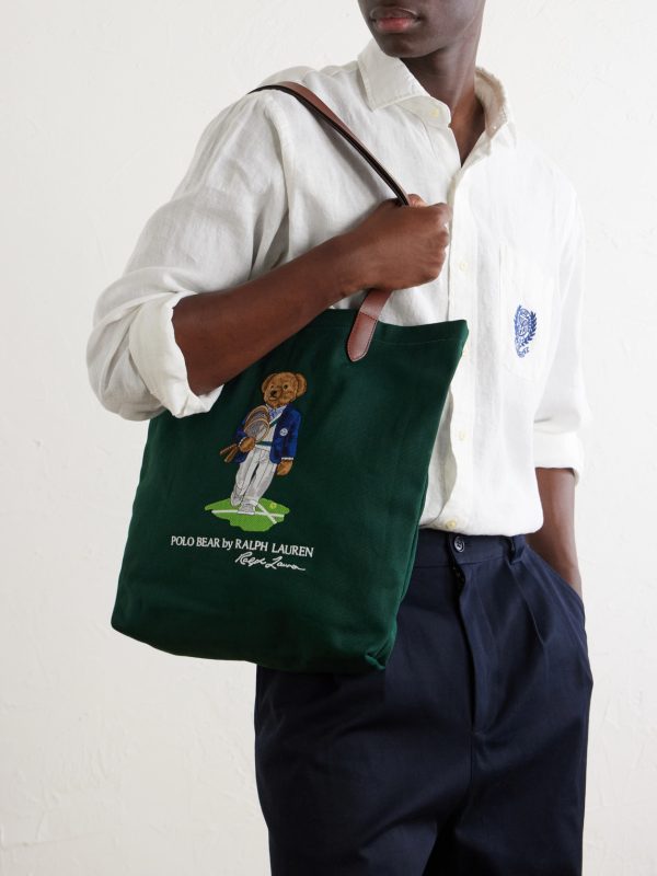 + Wimbledon Embroidered Leather-Trim Medium Cotton Tote Bag - E2 + Wimbledon Embroidered Leather-Trim Medium Cotton Tote Bag - E2