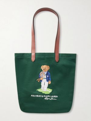 + Wimbledon Embroidered Leather-Trim Medium Cotton Tote Bag + Wimbledon Embroidered Leather-Trim Medium Cotton Tote Bag