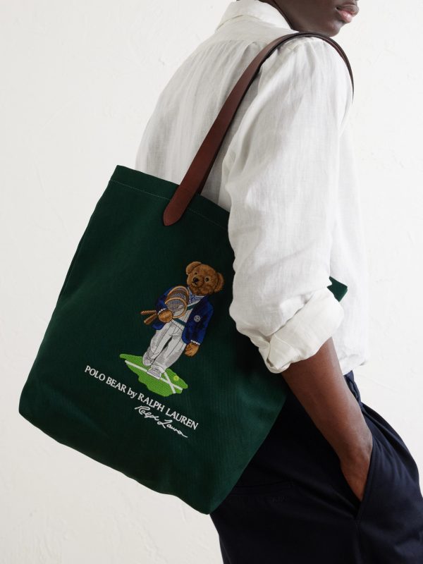 + Wimbledon Embroidered Leather-Trim Medium Cotton Tote Bag - OU + Wimbledon Embroidered Leather-Trim Medium Cotton Tote Bag - OU