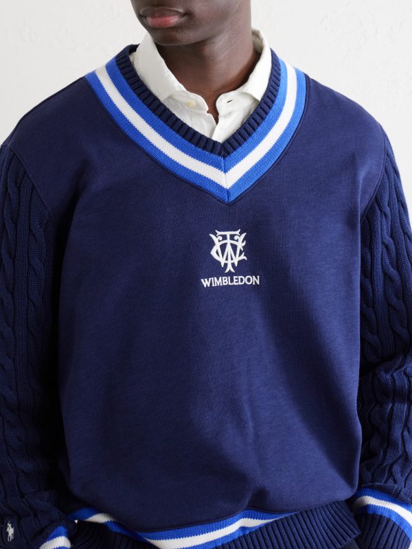 + Wimbledon Logo-Embroidered Cable-Knit Cotton-Blend Fleece Sweater - CU + Wimbledon Logo-Embroidered Cable-Knit Cotton-Blend Fleece Sweater - CU