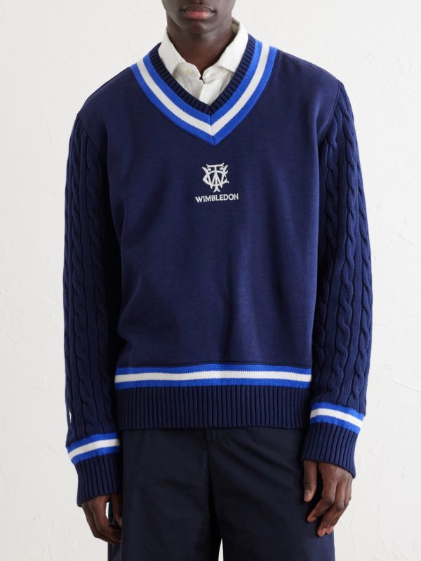 + Wimbledon Logo-Embroidered Cable-Knit Cotton-Blend Fleece Sweater - FR + Wimbledon Logo-Embroidered Cable-Knit Cotton-Blend Fleece Sweater - FR