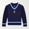 + Wimbledon Logo-Embroidered Cable-Knit Cotton-Blend Fleece Sweater + Wimbledon Logo-Embroidered Cable-Knit Cotton-Blend Fleece Sweater