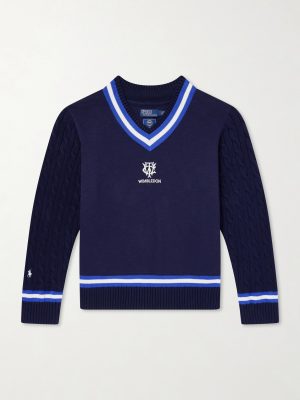 + Wimbledon Logo-Embroidered Cable-Knit Cotton-Blend Fleece Sweater + Wimbledon Logo-Embroidered Cable-Knit Cotton-Blend Fleece Sweater