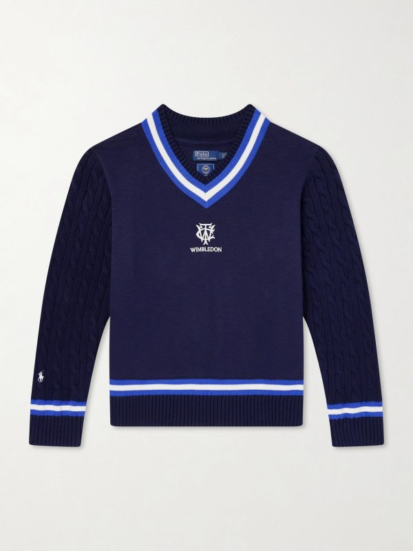 + Wimbledon Logo-Embroidered Cable-Knit Cotton-Blend Fleece Sweater + Wimbledon Logo-Embroidered Cable-Knit Cotton-Blend Fleece Sweater