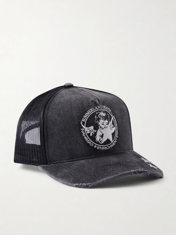 Youth Enrichment Embroidered Distressed Cotton and Mesh Trucker Cap Youth Enrichment Embroidered Distressed Cotton and Mesh Trucker Cap