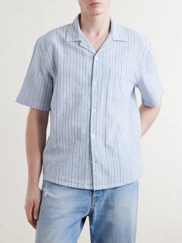 Convertible-Collar Striped Cotton and Linen-Blend Shirt - FR Convertible-Collar Striped Cotton and Linen-Blend Shirt - FR
