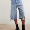 Wide-Leg Distressed Denim Shorts - E1