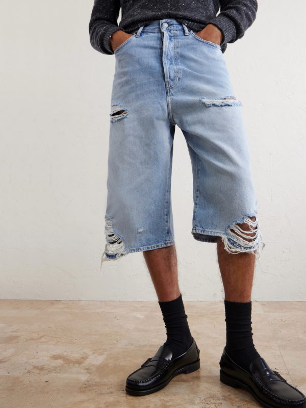 Wide-Leg Distressed Denim Shorts - E1