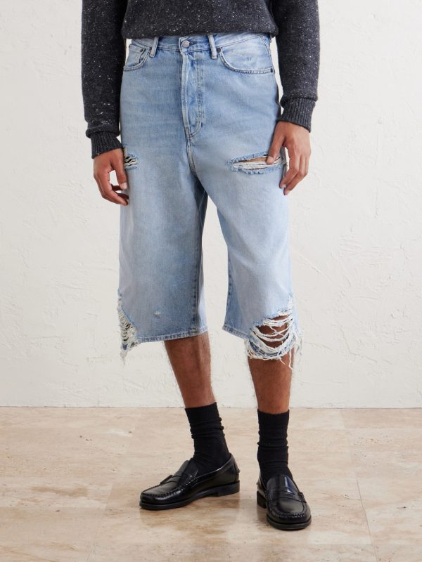 Wide-Leg Distressed Denim Shorts - FR