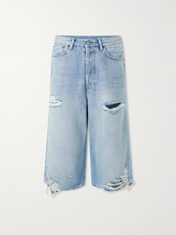 Wide-Leg Distressed Denim Shorts
