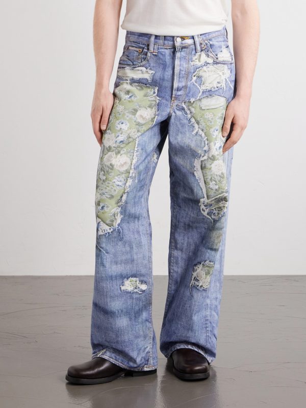 Wide-Leg and Rose-Printed Cotton Jeans - FR Wide-Leg and Rose-Printed Cotton Jeans - FR