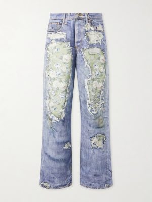 Wide-Leg and Rose-Printed Cotton Jeans Wide-Leg and Rose-Printed Cotton Jeans