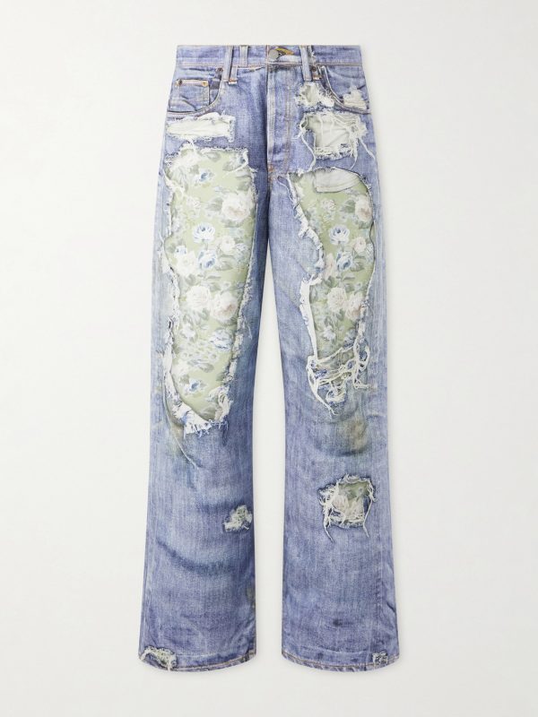 Wide-Leg and Rose-Printed Cotton Jeans Wide-Leg and Rose-Printed Cotton Jeans