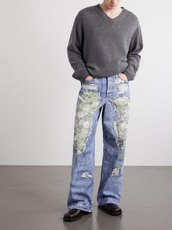 Wide-Leg and Rose-Printed Cotton Jeans - OU Wide-Leg and Rose-Printed Cotton Jeans - OU
