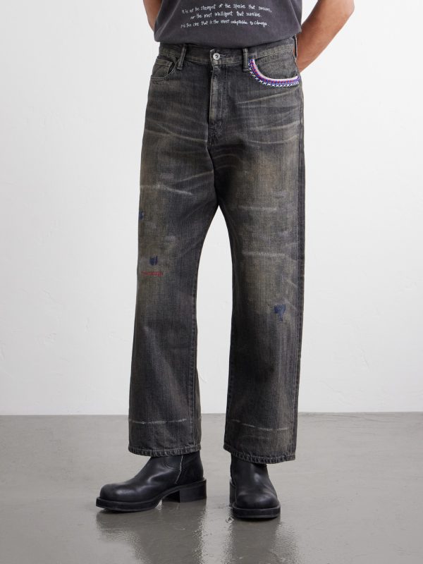 Savage Wide-Leg Bead-Embellished Distressed Jeans - FR