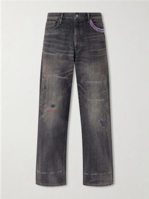Savage Wide-Leg Bead-Embellished Distressed Jeans