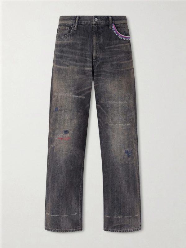 Savage Wide-Leg Bead-Embellished Distressed Jeans