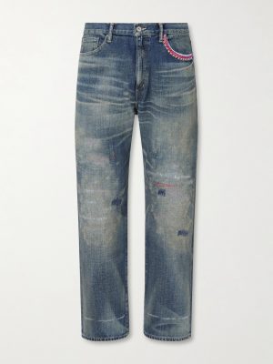 Savage Straight-Leg Bead-Embellished Distressed Jeans