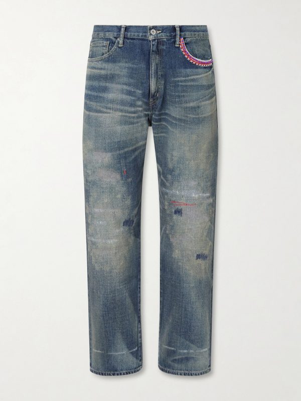 Savage Straight-Leg Bead-Embellished Distressed Jeans