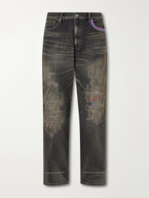 Savage Straight -Leg Bead-Embellished Distressed Jeans