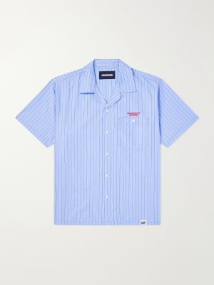 Camp-Collar Logo-Embroidered Striped Cotton Shirt Camp-Collar Logo-Embroidered Striped Cotton Shirt