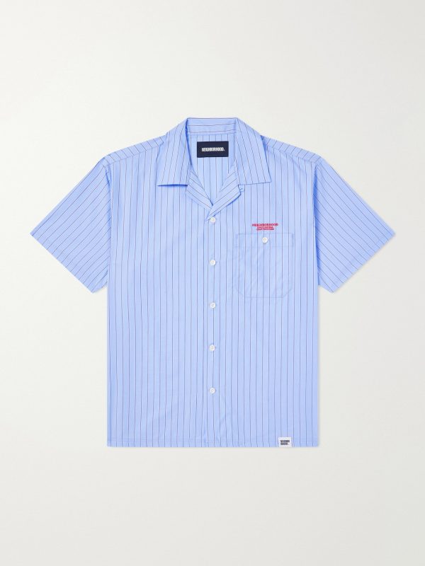 Camp-Collar Logo-Embroidered Striped Cotton Shirt