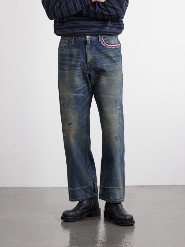 Savage Wide-Leg Bead-Embellished Distressed Jeans - FR Savage Wide-Leg Bead-Embellished Distressed Jeans - FR