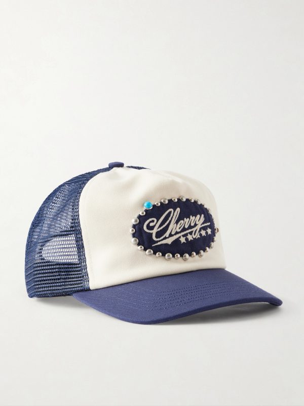 6 Star Logo-Embroidered Studded Canvas and Mesh Trucker Cap 6 Star Logo-Embroidered Studded Canvas and Mesh Trucker Cap