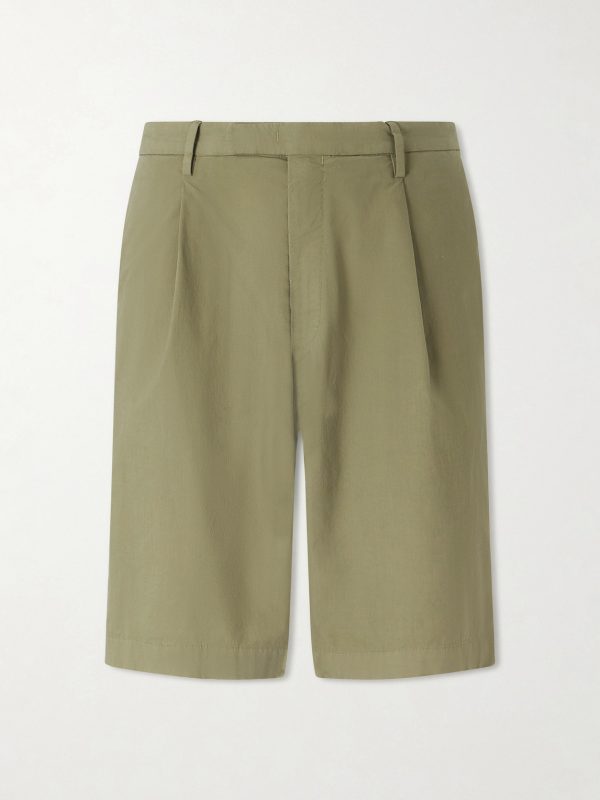 Straight-Leg Pleated Cotton-Blend Poplin Shorts