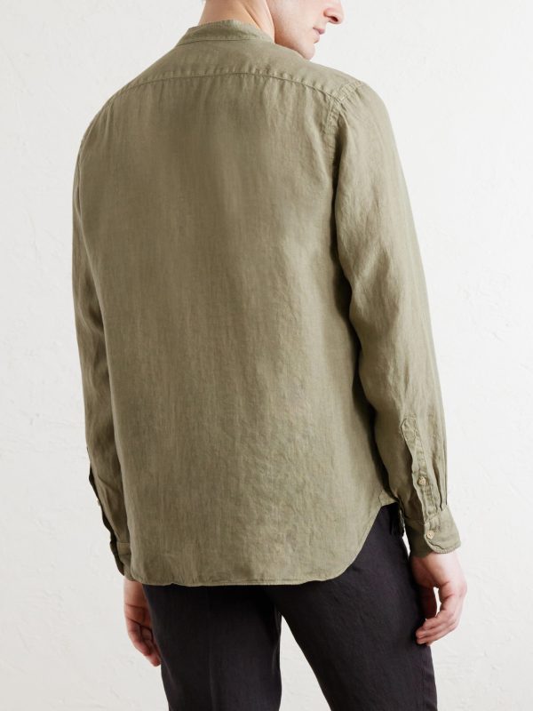 Grandad-Collar Linen Shirt - BK Grandad-Collar Linen Shirt - BK