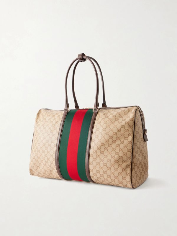 Webbing and Leather-Trimmed Monogrammed Canvas Tote Bag - BK Webbing and Leather-Trimmed Monogrammed Canvas Tote Bag - BK