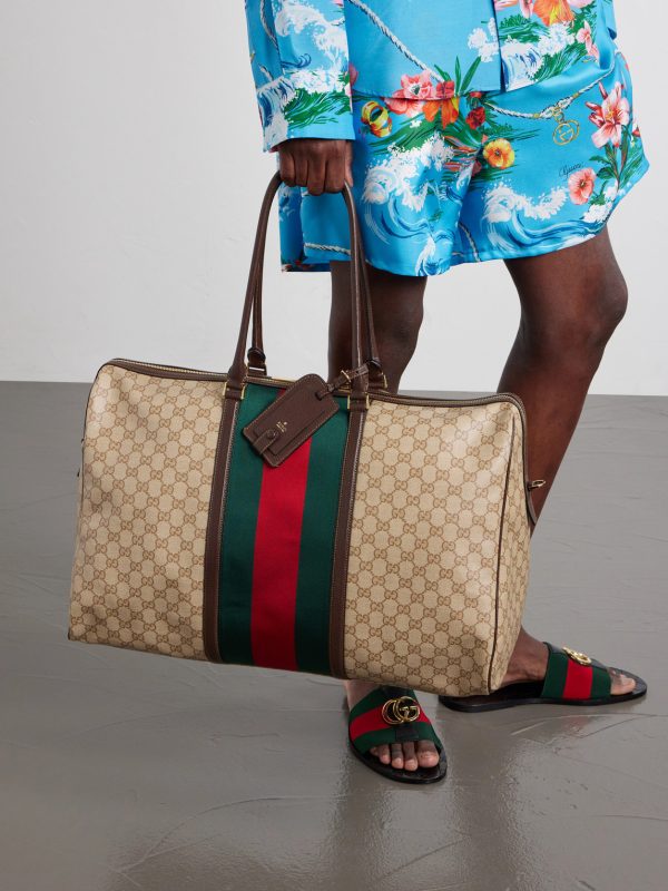 Webbing and Leather-Trimmed Monogrammed Canvas Tote Bag - OU Webbing and Leather-Trimmed Monogrammed Canvas Tote Bag - OU