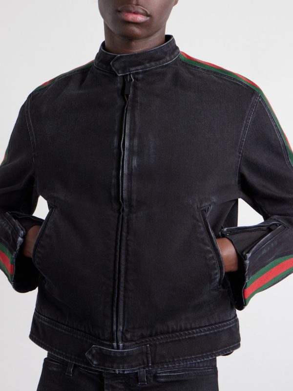 Webbing-Trimmed Denim Biker Jacket - CU Webbing-Trimmed Denim Biker Jacket - CU