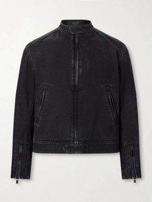 Webbing-Trimmed Denim Biker Jacket