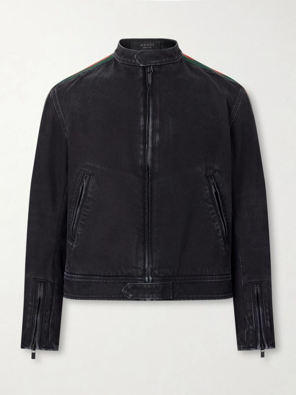 Webbing-Trimmed Denim Biker Jacket Webbing-Trimmed Denim Biker Jacket