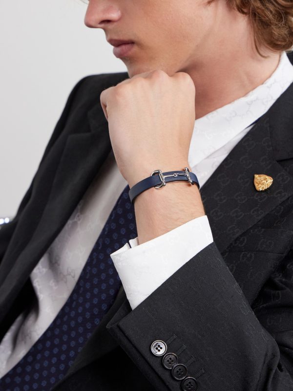 Horsebit-Embellished Silver-Tone and Leather Bracelet - OU Horsebit-Embellished Silver-Tone and Leather Bracelet - OU