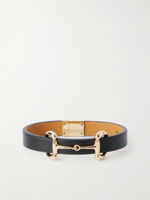 Horsebit-Embellished Gold-Tone and Leather Bracelet