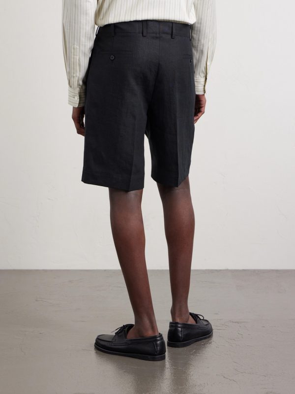 Straight-Leg Pleated Linen Shorts - BK Straight-Leg Pleated Linen Shorts - BK