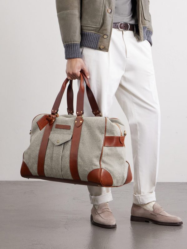 Leather-Trimmed Flannel Weekend Bag - FR Leather-Trimmed Flannel Weekend Bag - FR