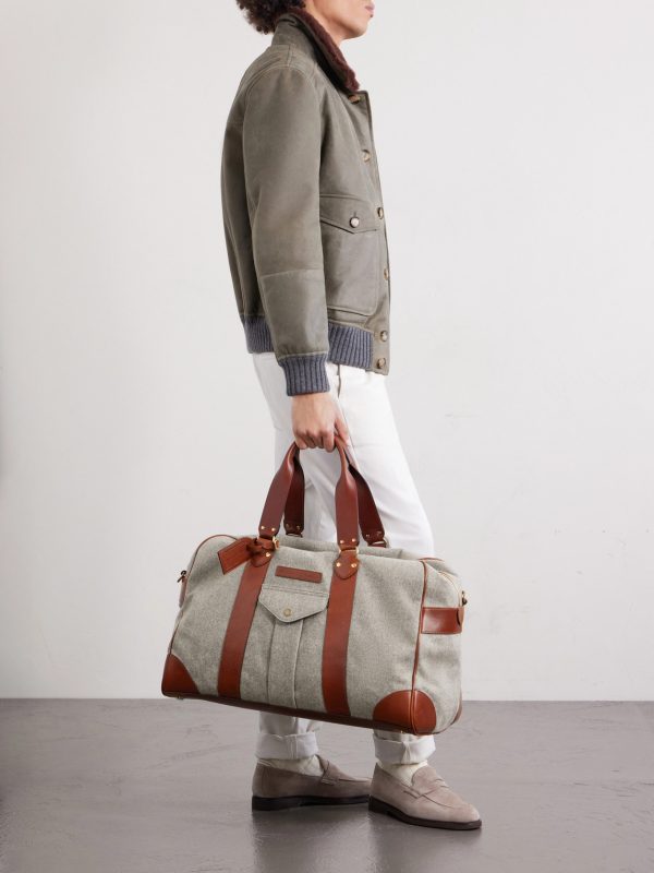 Leather-Trimmed Flannel Weekend Bag - OU Leather-Trimmed Flannel Weekend Bag - OU