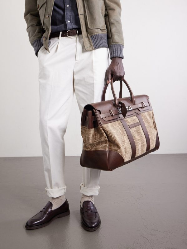 Herringbone Canvas and Leather Weekend Bag - OU Herringbone Canvas and Leather Weekend Bag - OU