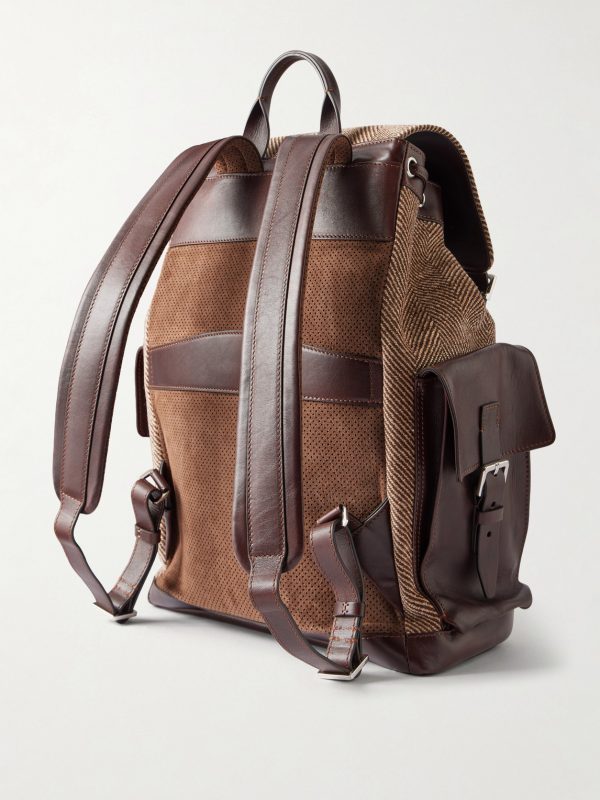 Leather-Trimmed Herringbone Canvas Backpack - BK Leather-Trimmed Herringbone Canvas Backpack - BK