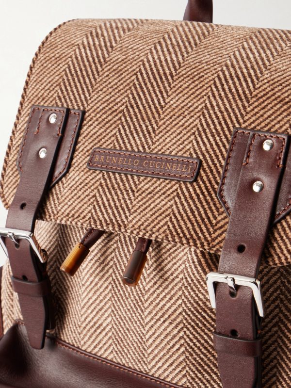 Leather-Trimmed Herringbone Canvas Backpack - CU Leather-Trimmed Herringbone Canvas Backpack - CU