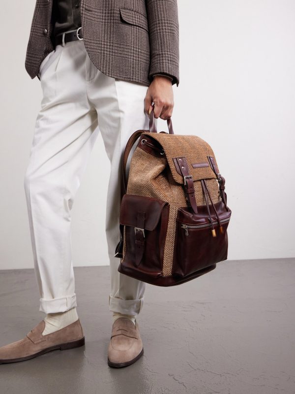 Leather-Trimmed Herringbone Canvas Backpack - FR Leather-Trimmed Herringbone Canvas Backpack - FR