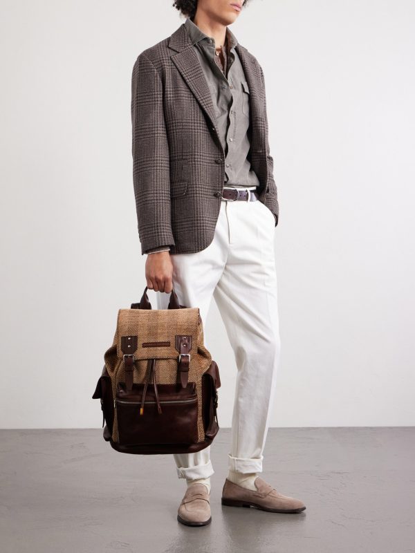 Leather-Trimmed Herringbone Canvas Backpack - OU Leather-Trimmed Herringbone Canvas Backpack - OU