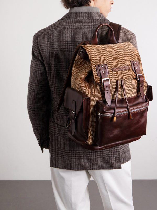 Leather-Trimmed Herringbone Canvas Backpack - OU2 Leather-Trimmed Herringbone Canvas Backpack - OU2