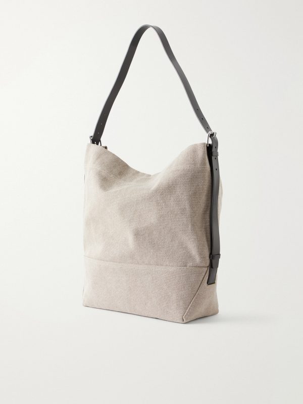 Leather-Trimmed Canvas Tote Bag - BK Leather-Trimmed Canvas Tote Bag - BK