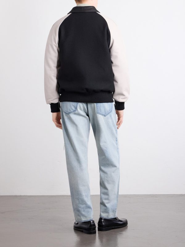 Collared Raglan Leather Trimmed Wool-Blend Bomber Jacket - BK Collared Raglan Leather Trimmed Wool-Blend Bomber Jacket - BK
