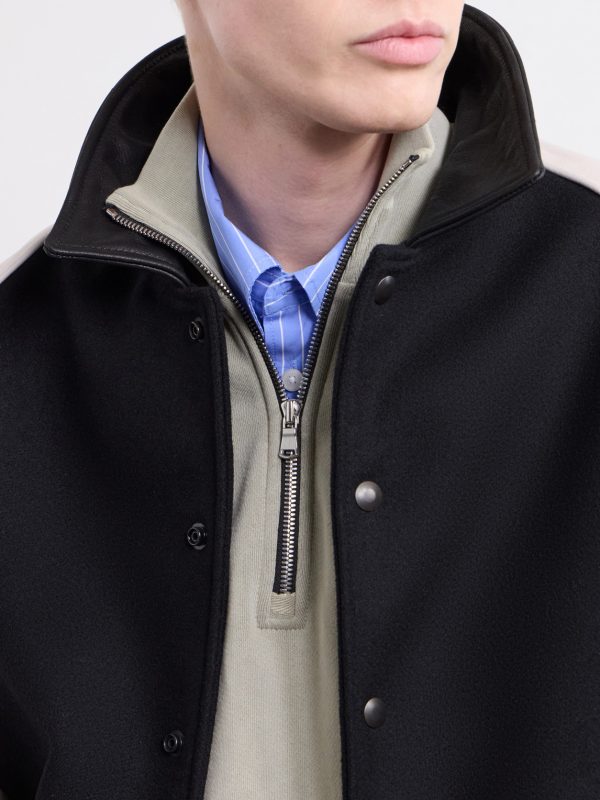 Collared Raglan Leather Trimmed Wool-Blend Bomber Jacket - CU Collared Raglan Leather Trimmed Wool-Blend Bomber Jacket - CU