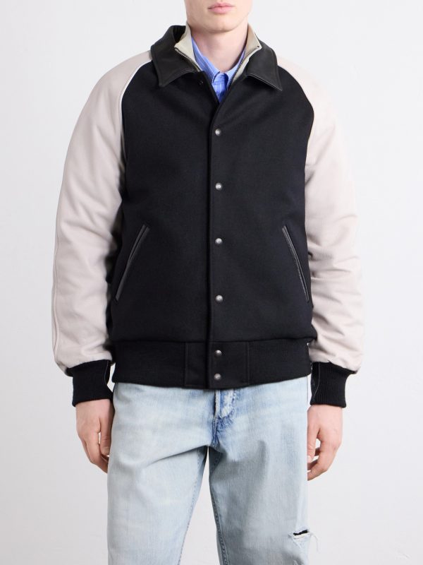 Collared Raglan Leather Trimmed Wool-Blend Bomber Jacket - FR Collared Raglan Leather Trimmed Wool-Blend Bomber Jacket - FR